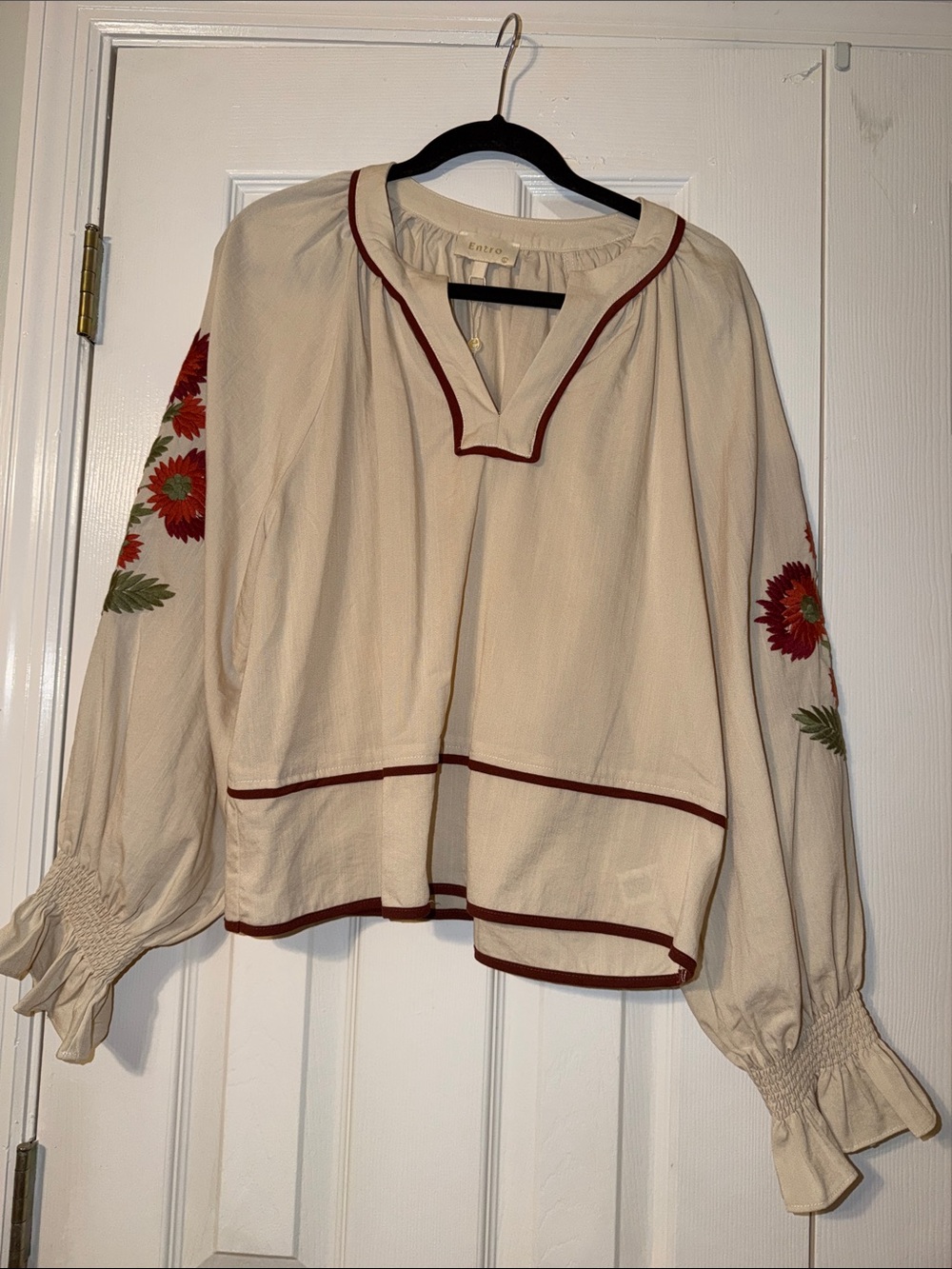entro Cream Peasant Blouse with rust / orange Floral Sleeves